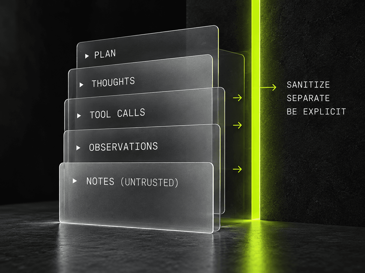 Layered scratchpad cards separated from instructions by a bright trust boundary. Sanitize, separate, and be explicit.