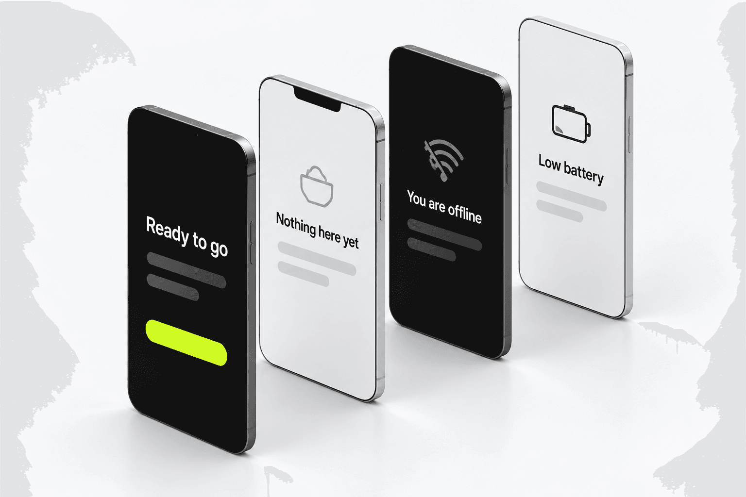 Four illustrative phones show ready, empty, offline, and low-battery states.